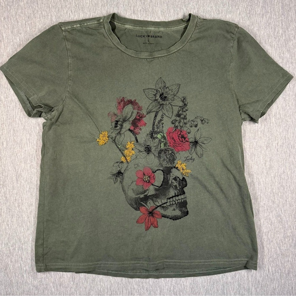 Lucky Brand Floral Skull Graphic‎ Tee, Olive Green, Size Large